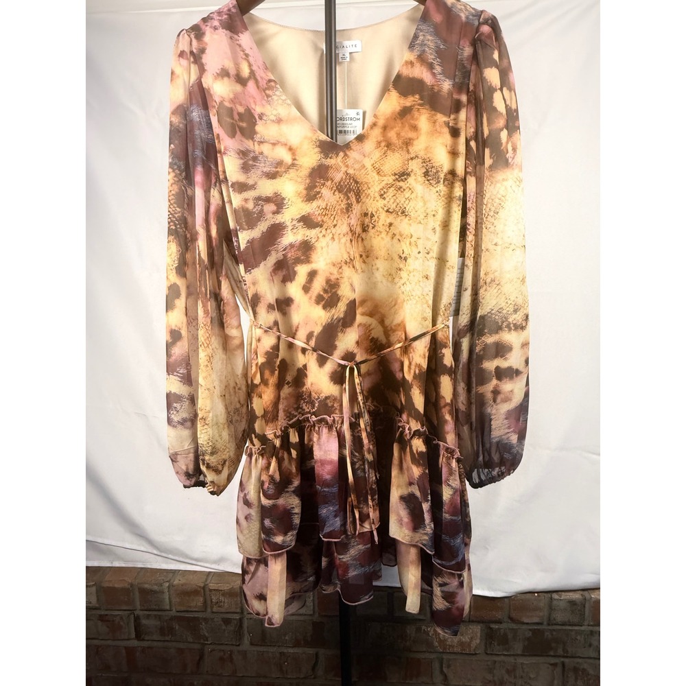 Socialite XL Tan Purple Leopard Ruffle V-Neck Mini Dress Boho Chic Party NWT